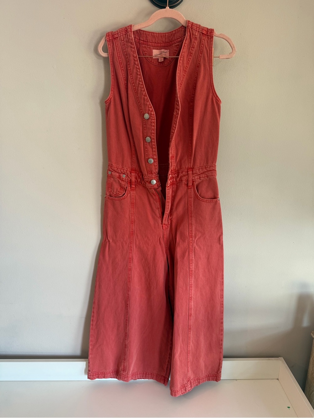 Universal Thread Womens Coral Red Denim Wide Leg Button Front Jumpsuit Size 2